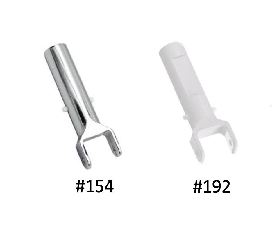 Pentair-154-192-snap-adapt-handles Pentair #154 (in chrome finish) and #192 (in white plastic) Snap-Adapt Handles side by side.