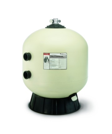 Pentair Triton II sand filter which has a white fiberglass-reinforced tank, black base, and side connections for valve mounting.