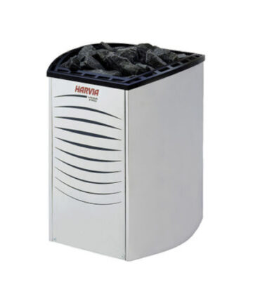 Rectangular stainless steel electric heater with charcoal in it and Harvia brand logo in red