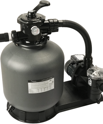 Emaux FSP series filter system with a bobbin-wound fiberglass sand filter, top mount valve, and circulation pump