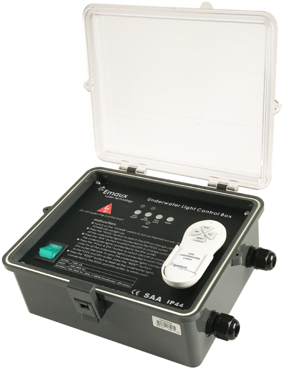 Plastic transluscent lid of control box with white-coloured remote controller included