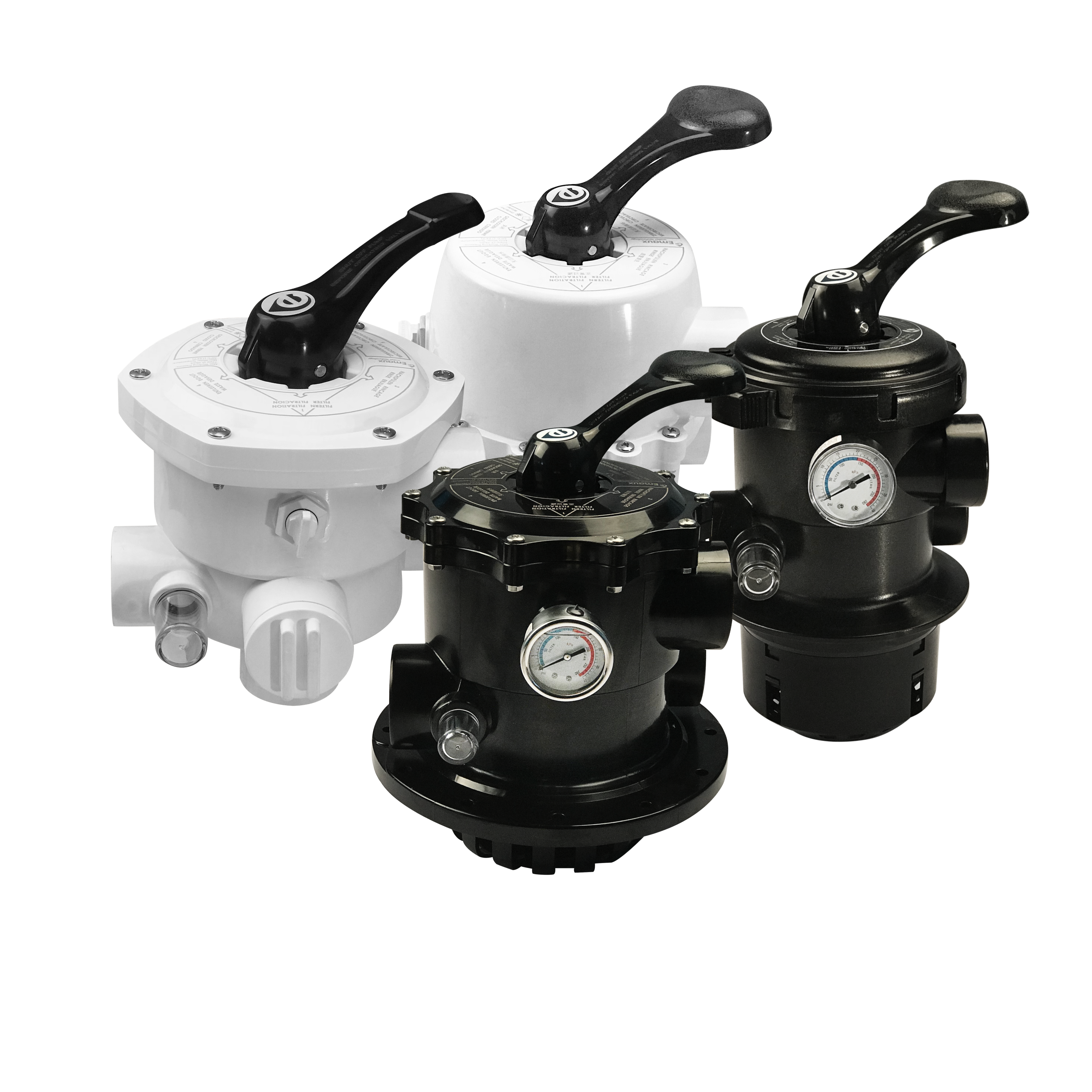 A group of Emaux 6-way multiport valves that includes: white-body side mount valves and black-body top mount valves.