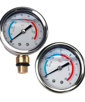 A pair of round stainless steel housing pressure gauges that contains oil. One shows the side connection made of brass, the other is for bottom connection.