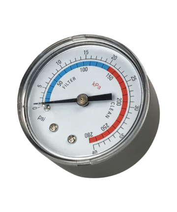Round pressure gauge with readings from 0 to 40psi. No oil. Also shows readings of 0 to 275kPa. Meter turns from blue to red at 20psi. Grey housing.