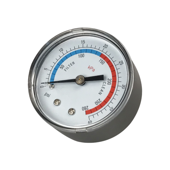 Round pressure gauge with readings from 0 to 40psi. No oil. Also shows readings of 0 to 275kPa. Meter turns from blue to red at 20psi. Grey housing.