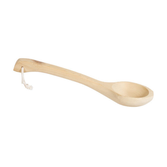 Smooth wooden laddle with a small rope attached for hanging