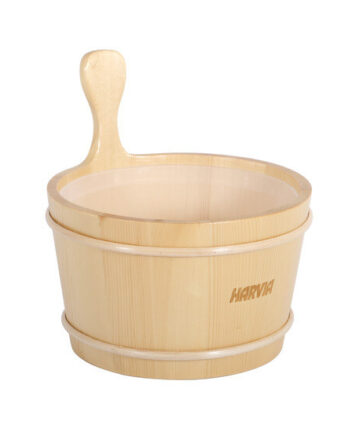 Smooth, wooden bucket with a vertical handle and plastic container insert