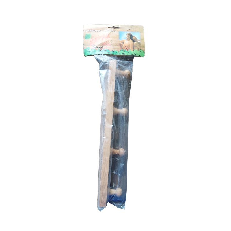 Harvia wooden clothes hanger rack with 4 knobs for hooks. Item shown is in its plastic packaging with Harvia tag