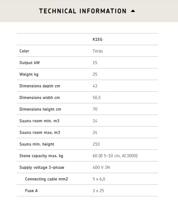 Technical data table of Harvia Club K15 electric sauna heater