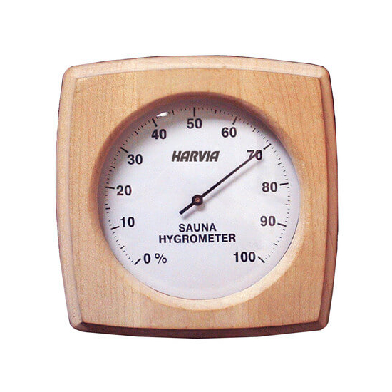 Close up of wooden-framed, square-shaped hygrometer gauge. Readings from 0 to 100%