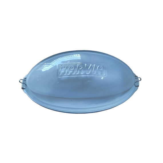 Harvia white translucent oval and bulbed-shaped lamp with Harvia logo embedded on front