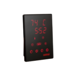 Black-tinted touch screen with readings and buttons in red LED