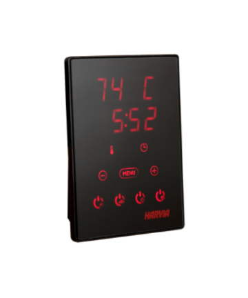 Harvia new CX series black-tinted touch screen controller for electric sauna heaters. Readings are in red LED.