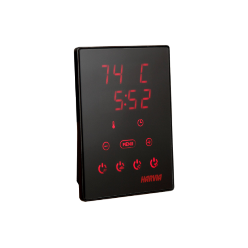 Harvia new CX series black-tinted touch screen controller for electric sauna heaters. Readings are in red LED.