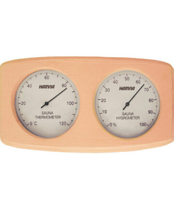Harvia thermo-hygrometer: a thermometer and hygrometer reader embedded in the same wooden block with readings of 0 to 120 degrees Celsius and 0 to 100% respectively.