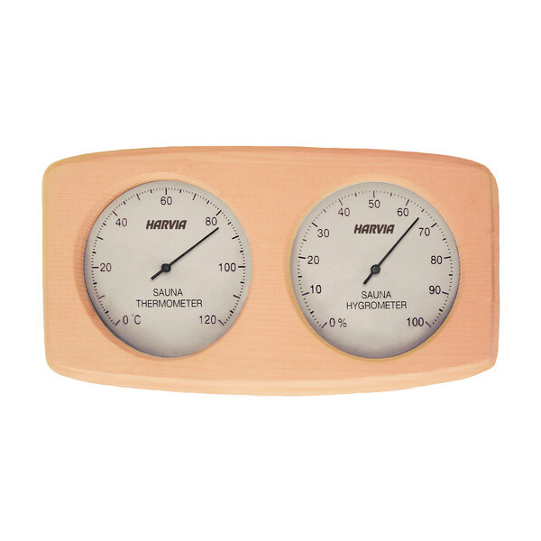 Sauna-accessories-Harvia-thermo-hygrometer-SAS92300 Harvia thermo-hygrometer: a thermometer and hygrometer reader embedded in the same wooden block with readings of 0 to 120 degrees Celsius and 0 to 100% respectively.