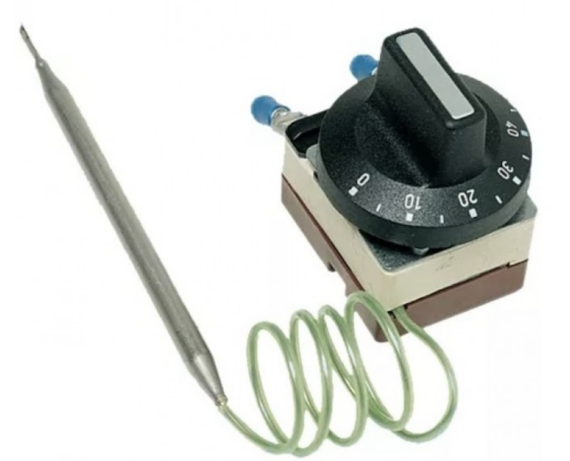 Thermostat with black graduated knob with temperature readings from 0 to 45 degrees Celsius, single-pole, for installation in a junction box
