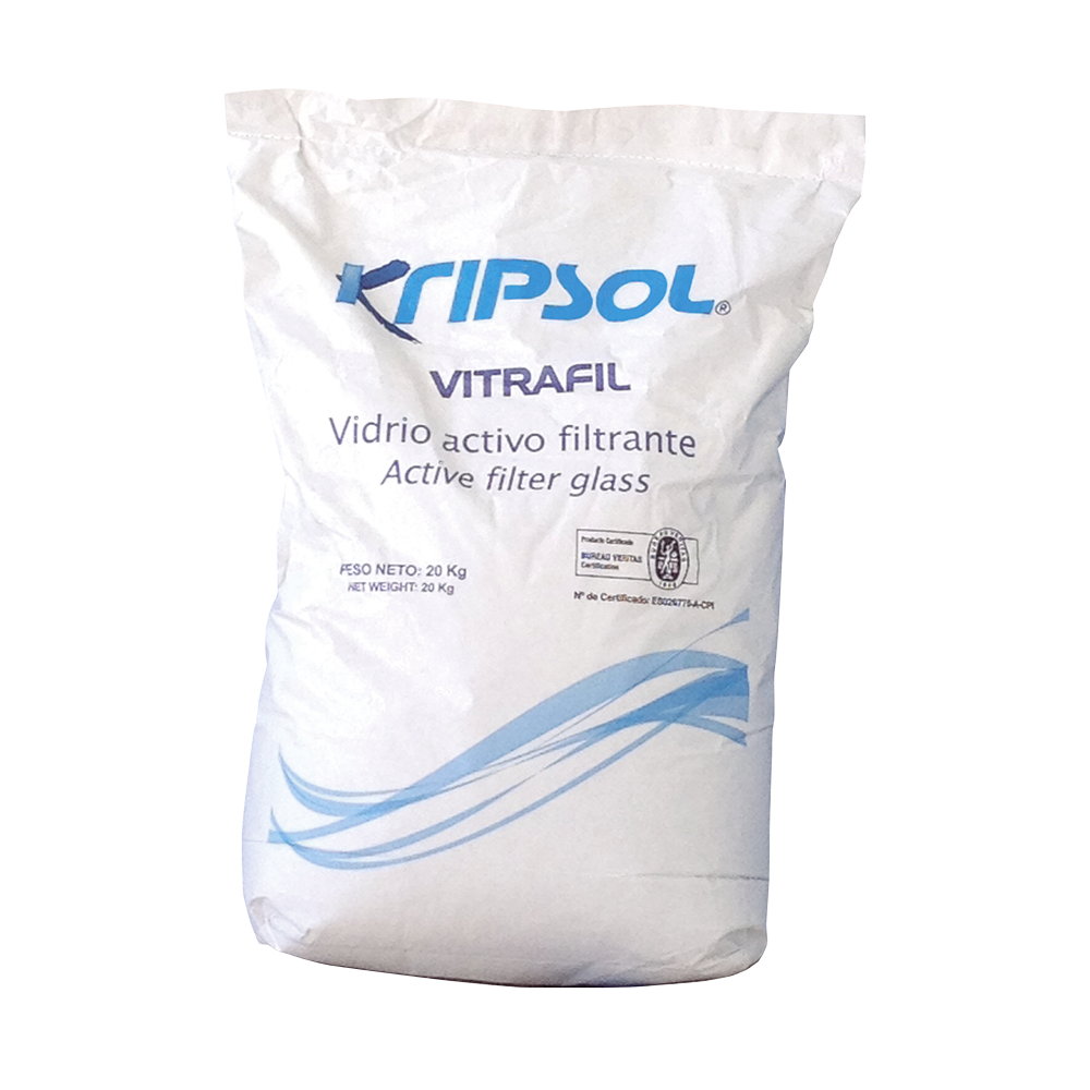 A bag of Kripsol glass filter media
