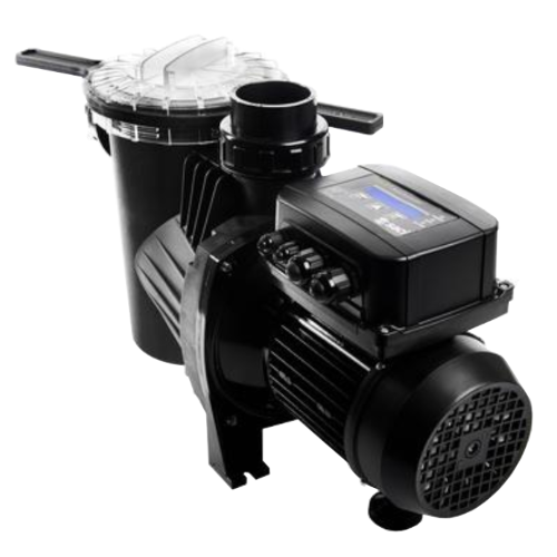 Self-priming pump in black-coloured body and transparent lid, with an addition of a sleek control box on top of the motor compartment. Controller is shown to have 4 connections, a display screen, and buttons