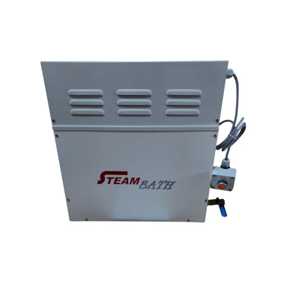 Steam Bath steam generator in white metal casing and brand on side, cables at the back.