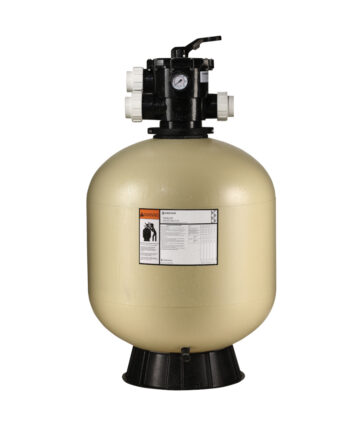 Pentair Tagelus sand filter which has a beige-coloured fiberglass-reinforced tank, black base, and black top mount valve attached.