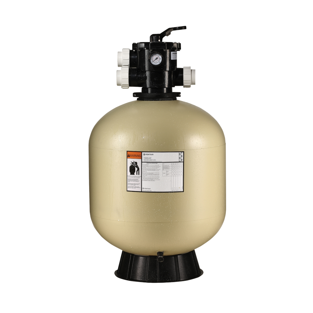 Pentair Tagelus sand filter which has a beige-coloured fiberglass-reinforced tank, black base, and black top mount valve attached.