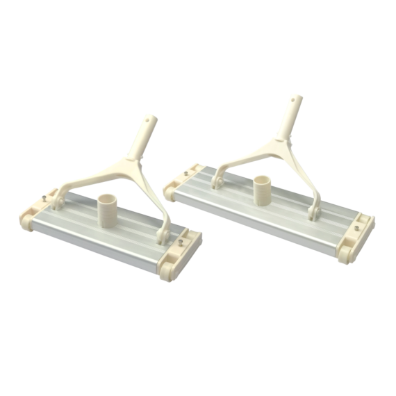 A pair of Emaux heavy duty aluminium vacuum heads, white colour, models CE310 and CE311