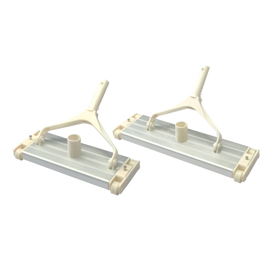 A pair of Emaux heavy duty aluminium vacuum heads, white colour, models CE310 and CE311