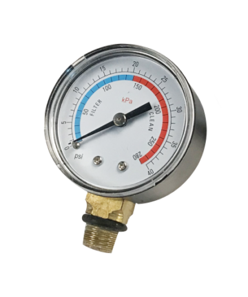 Round pressure gauge with readings from 0 to 40psi. No oil. Also shows readings of 0 to 275kPa. Meter turns from blue to red at 20psi. Grey housing with brass side connection shown.