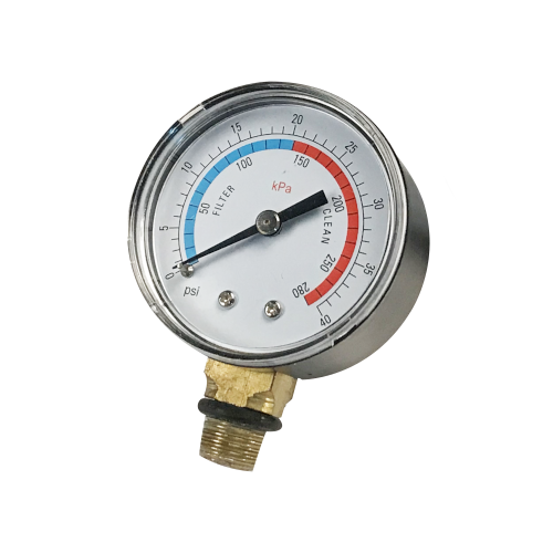 Round pressure gauge with readings from 0 to 40psi. No oil. Also shows readings of 0 to 275kPa. Meter turns from blue to red at 20psi. Grey housing with brass side connection shown.