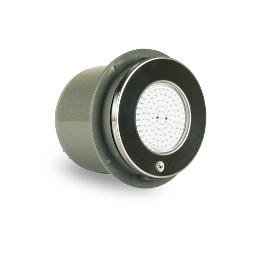 Emaux EL-S100 LED underwater light with stainless steel face ring and plastic housing. Stainless steel housing is also available.