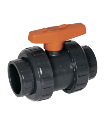 Praher grey ball valve with orange handle, both made of PVCu material