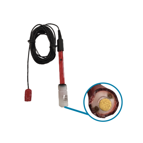 Red-coloured body of ORP sensor with black-coloured cable rolled and a zoom-in on the probe internally showing the gold probe