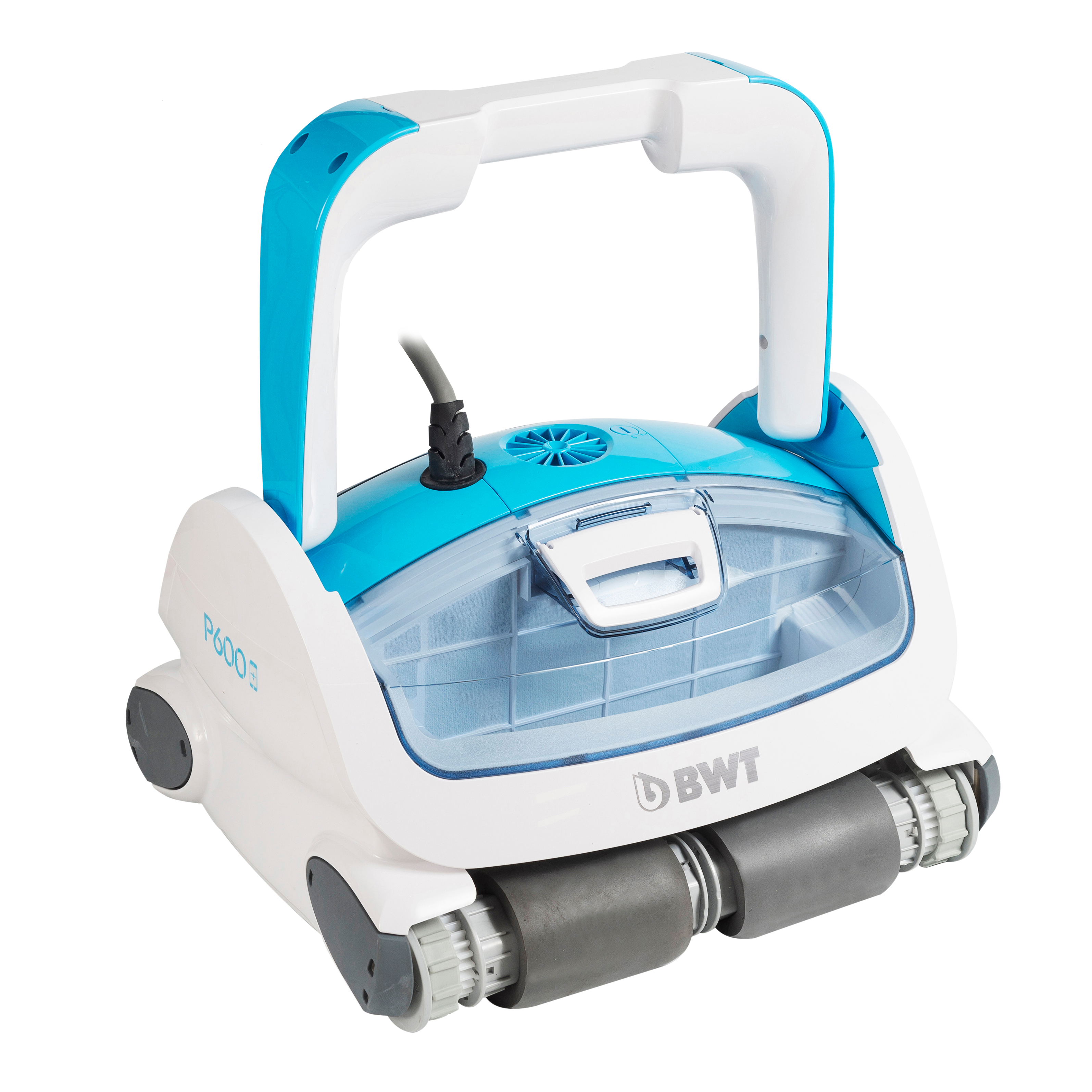 BWT P600 pool robot with transparent cover and grey PVA brushes, for 23m-long pools.