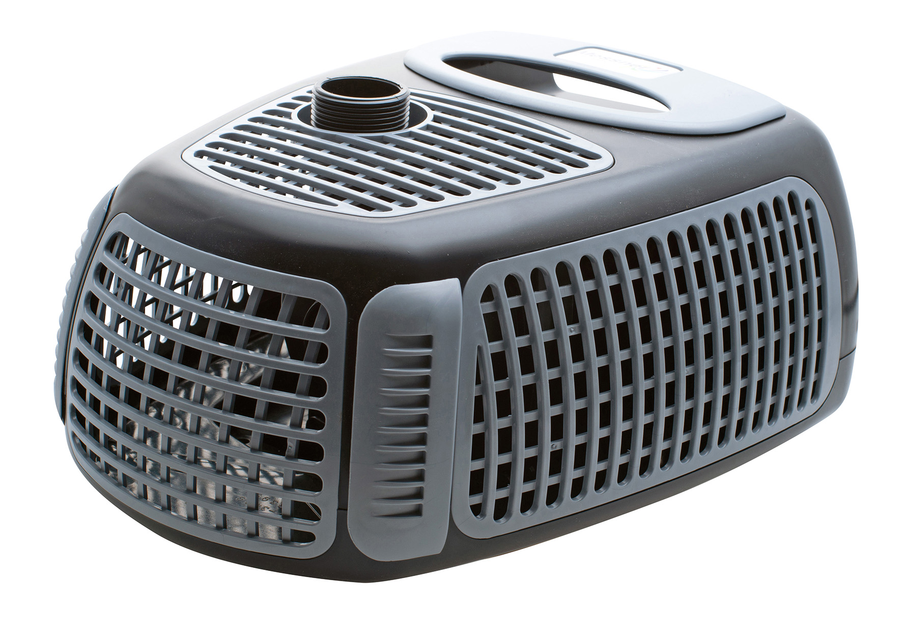 Messner eco-X2 pond pump in white-grilled casing with adjustable outlet at top.
