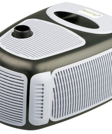 Messner power-X2 fountain pump in white-grilled casing with adjustable outlet at top.